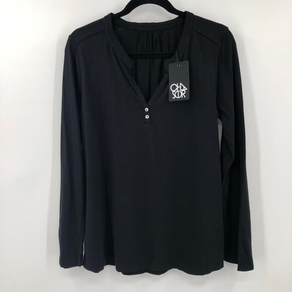 Chaser Black V-Neck Button Detail Pullover Lightweight Long Sleeve Top Shirt - Picture 1 of 8